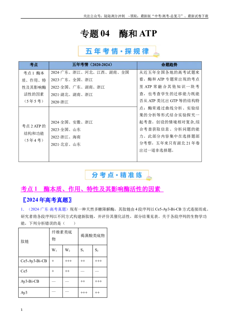 《专题04酶和ATP（原卷版）_06-生物-高考总复习_专项复习_2024年_2024年高考生物真题分类汇编（全国通用）》第1页预览