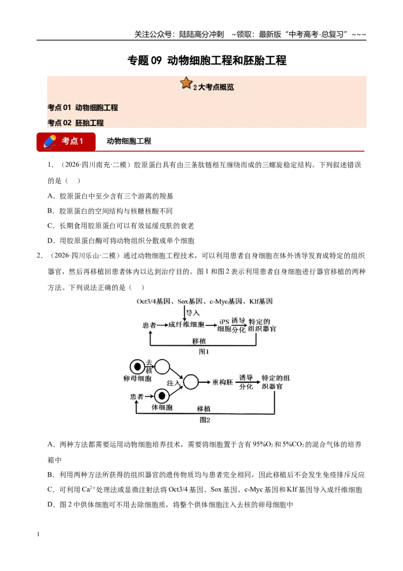 《专题09动物细胞工程和胚胎工程（2大考点）（学生版）_06-生物-高考总复习_专项复习_2026年-生物高考专项复习_2026年高考生物二模试题分类汇编（四川专用）-G282_2026版》第1页预览