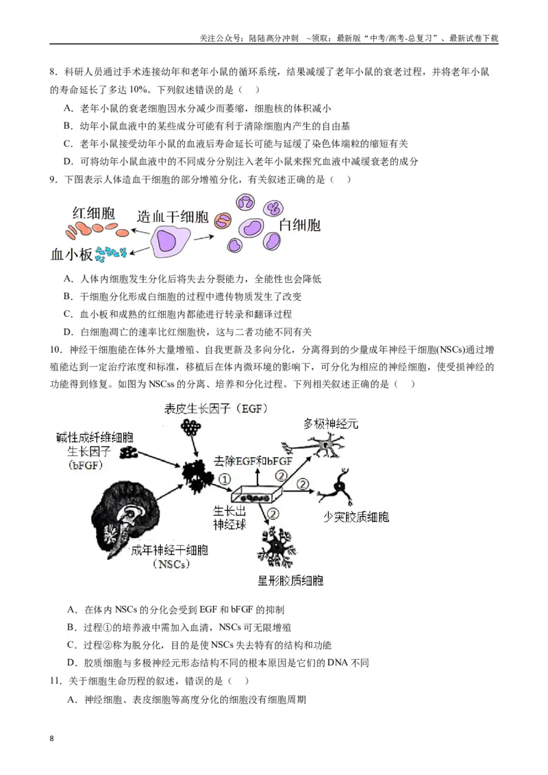 《专题09细胞的分化、衰老、凋亡及癌变（原卷版）_06-生物-高考总复习_专项复习_2024年_2024年新高考生物复习热点考点真题模拟题必刷题练_资料》第8页预览