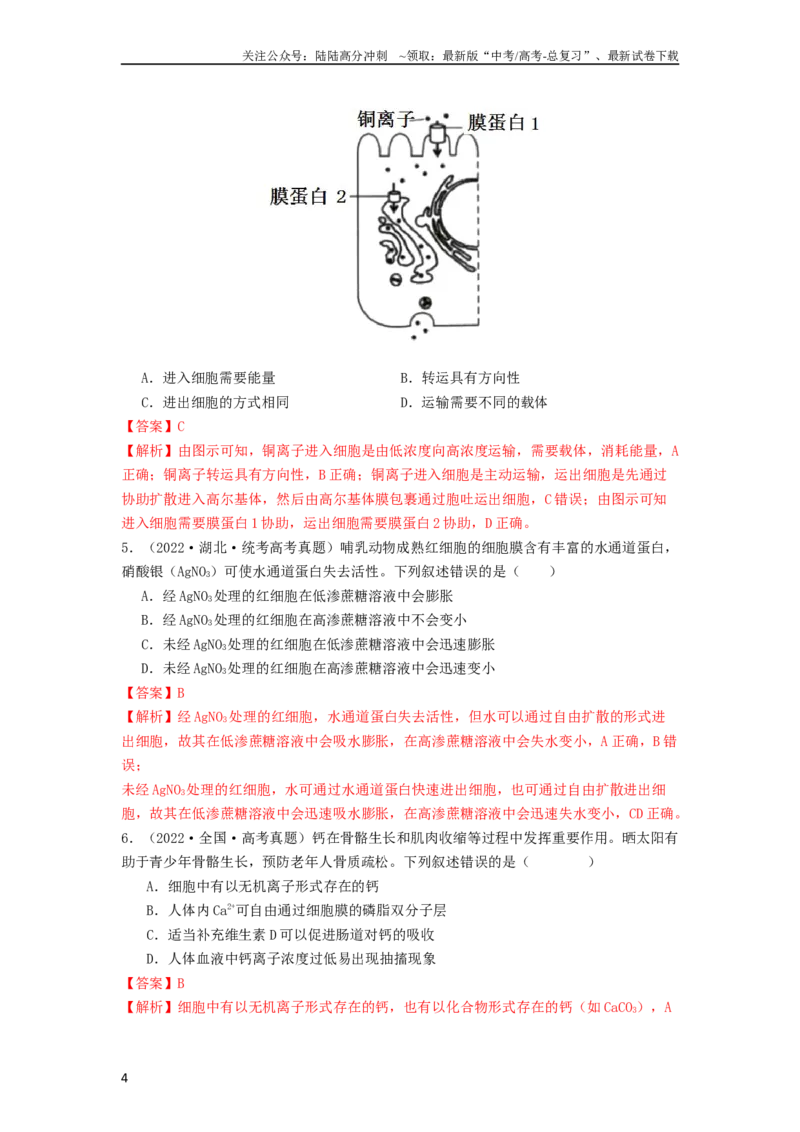 《专题07物质的运输（解析版）_06-生物-高考总复习_一轮复习_2024年_2024年高考生物一轮复习抢分特训真题回顾检测试卷_资料》第4页预览