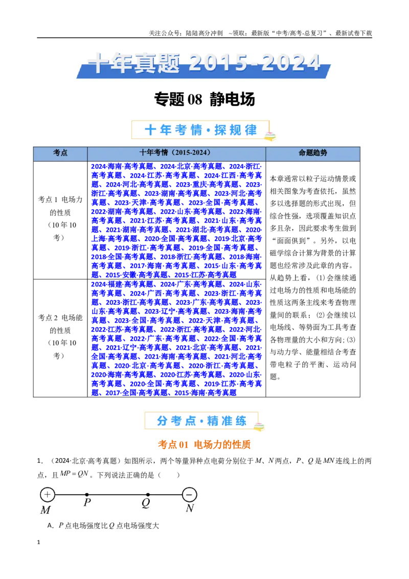 《专题08静电场-（全国通用）（原卷版）_04-物理-高考总复习_专项复习_2025年_十年（2015-2024）高考物理真题分类汇编（全国通用）》第1页预览