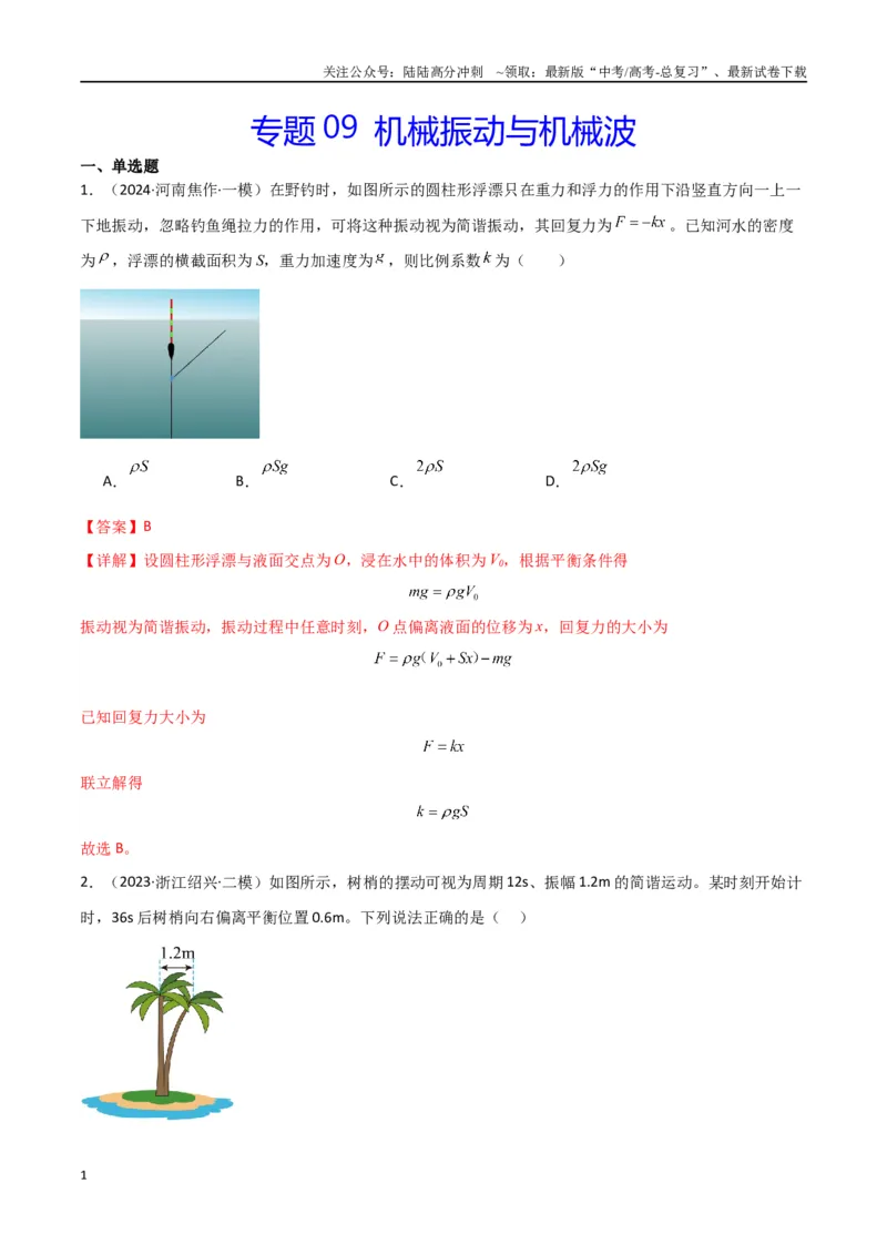 《专题09机械振动与机械波（解析版）_04-物理-高考总复习_专项复习_2024年_2024届新高考物理冲刺专项训练300题_资料》第1页预览