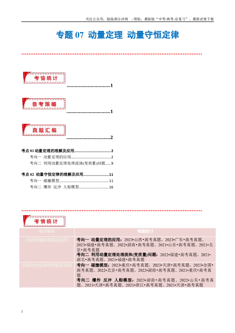 《专题07动量定理动量守恒定律（考点解析及应试策略）（解析版）_04-物理-高考总复习_专项复习_2024年_2024年高考真题考点解析及应试策_资料》第1页预览
