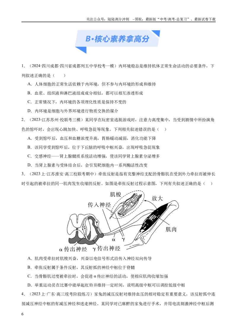 《专题07动物生命活动的调节（分层练）（原卷版）_06-生物-高考总复习_二轮复习_2024年_2024年高考生物二轮复习高频考点追踪与预测（新高考专用）_分层练》第6页预览