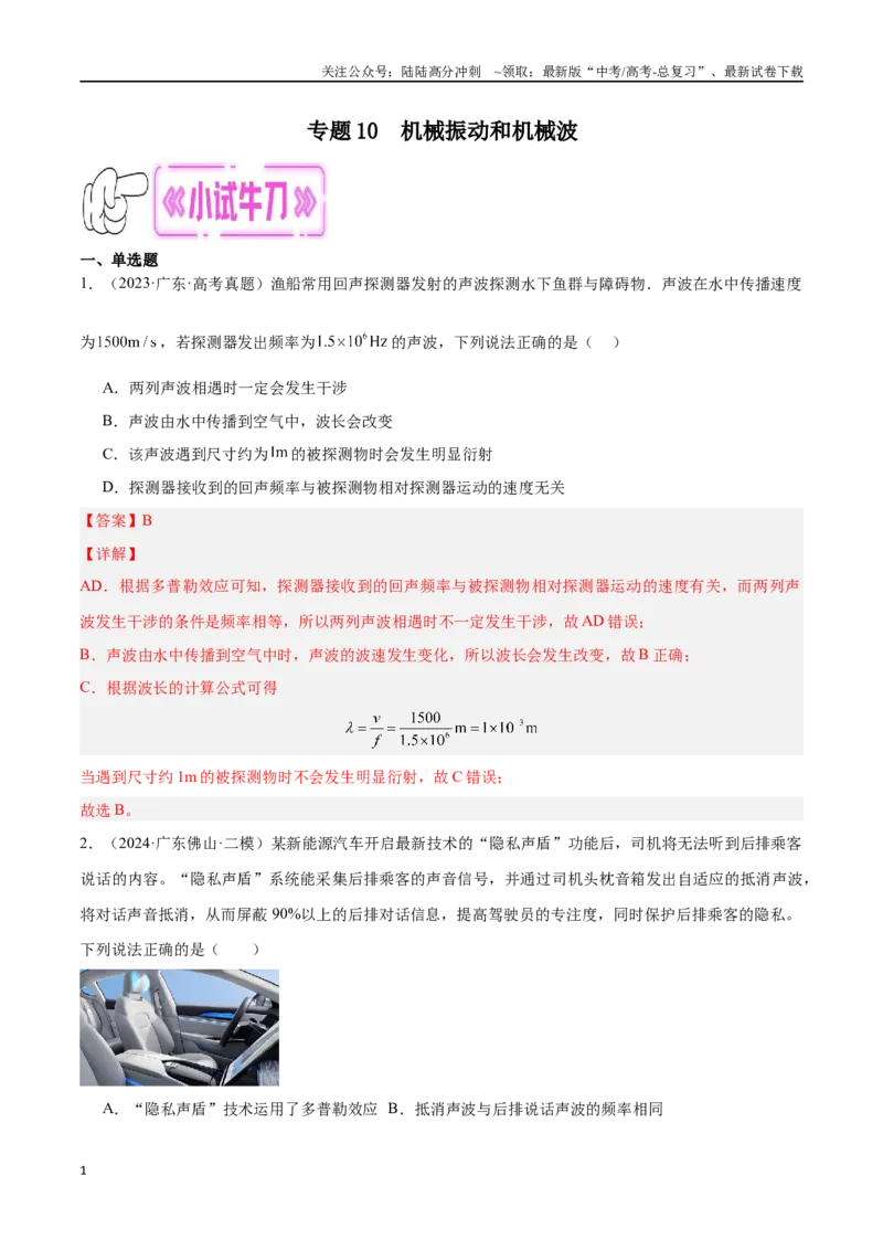 《专题10机械振动和机械波（解析版）_04-物理-高考总复习_专项复习_2024年_2024年高考物理考点冲刺专练_资料_1-资料》第1页预览
