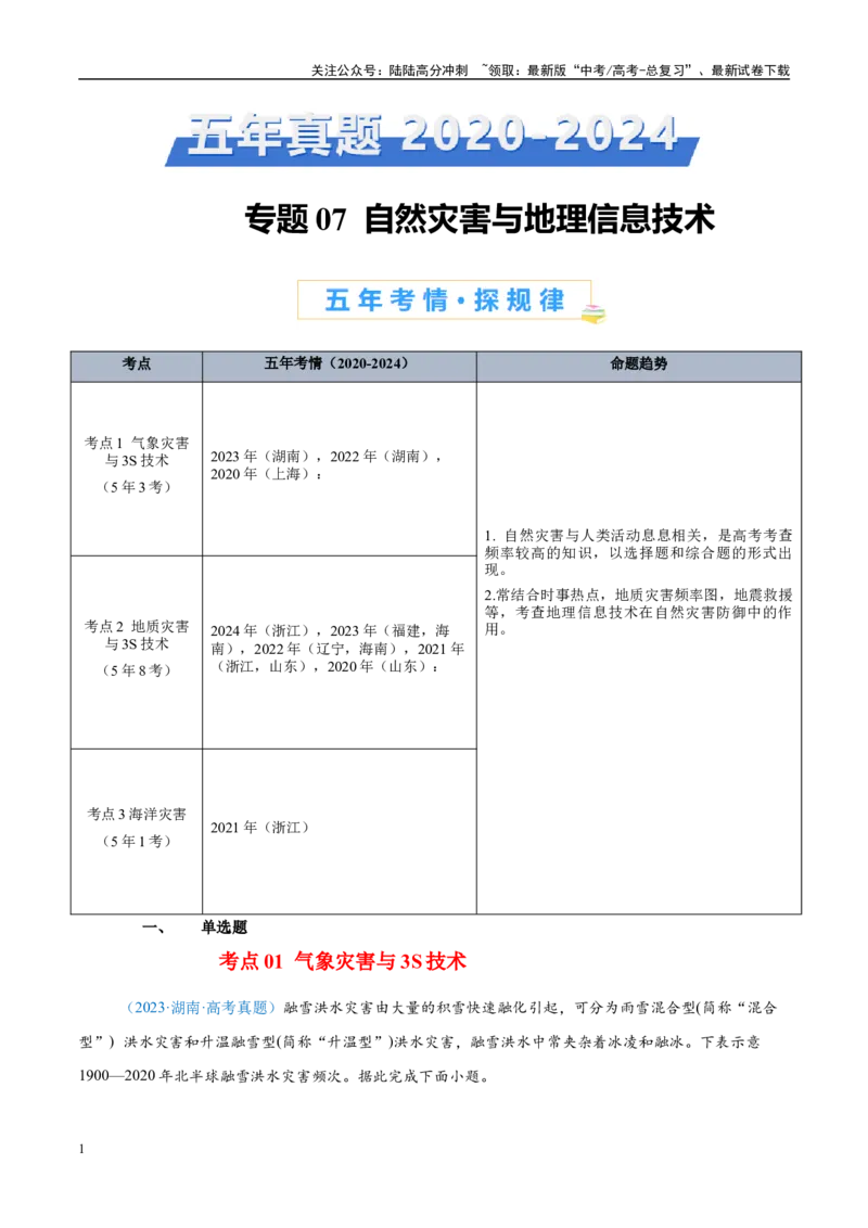 《专题07自然灾害与地理信息技术+解析版_07-地理-高考总复习_专项复习_2025年_五年2020-2024高考真题分类汇编高考地理真题分类汇编（全国通用）》第1页预览