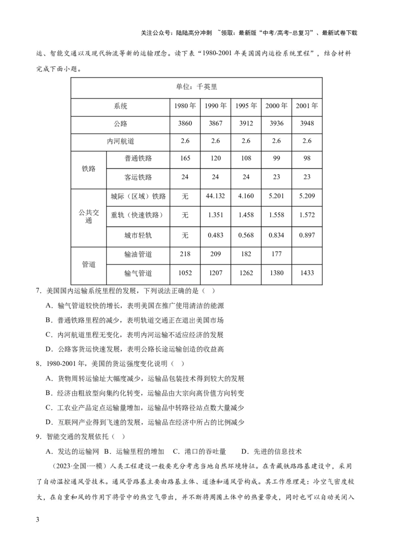 《专题11交通运输布局与区域发展（测试卷）（原卷版）_07-地理-高考总复习_一轮复习_2024年_2024年高考地理一轮复习讲练测（课件+讲义+练习）（新高考）_专题测试》第3页预览