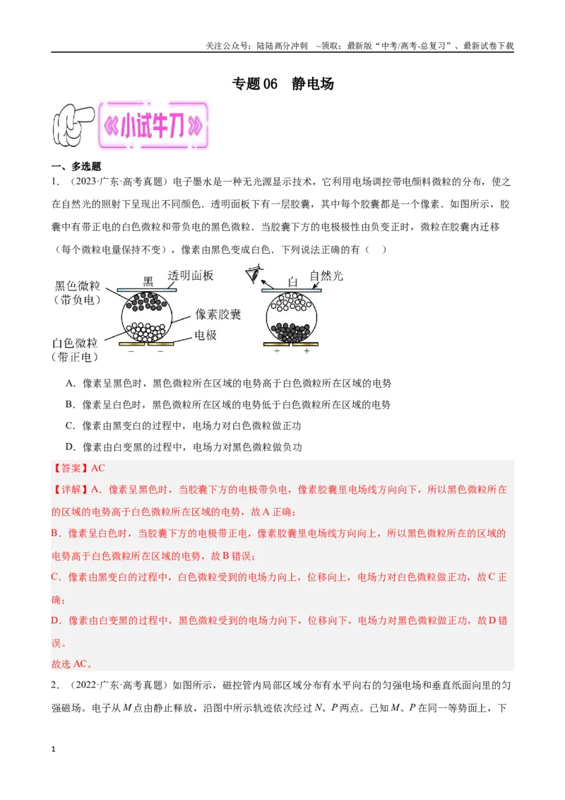 《专题06静电场（解析版）_04-物理-高考总复习_专项复习_2024年_2024年高考物理考点冲刺专练_资料_1-资料》第1页预览
