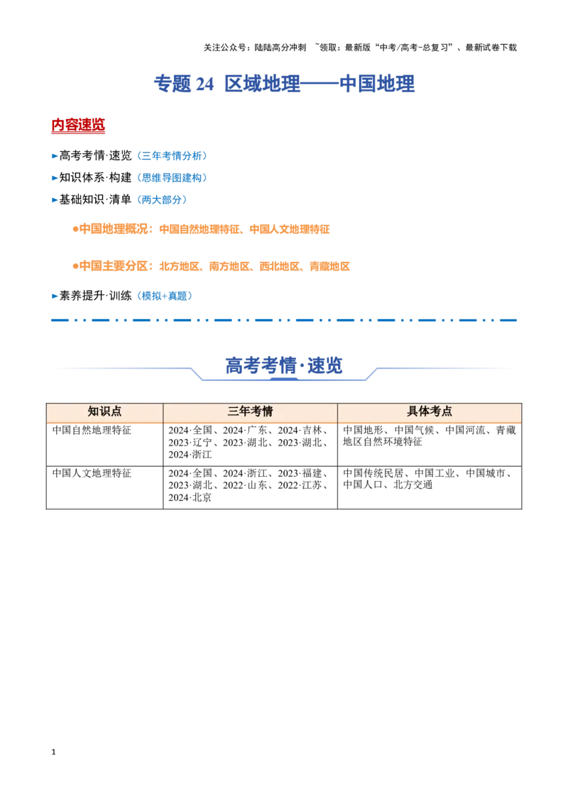 《专题24区域地理——中国地理（思维导图+中国地理概况与分区）_07-地理-高考总复习_一轮复习_2025年_2025年高考地理一轮复习知识清单（全国通用）》第1页预览
