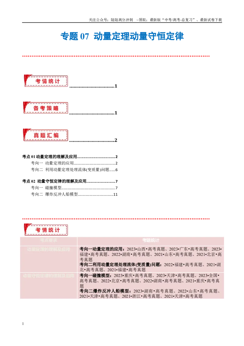 《专题07动量定理动量守恒定律（考点解析及应试策略）（原卷版）_04-物理-高考总复习_专项复习_2024年_2024年高考真题考点解析及应试策_资料》第1页预览