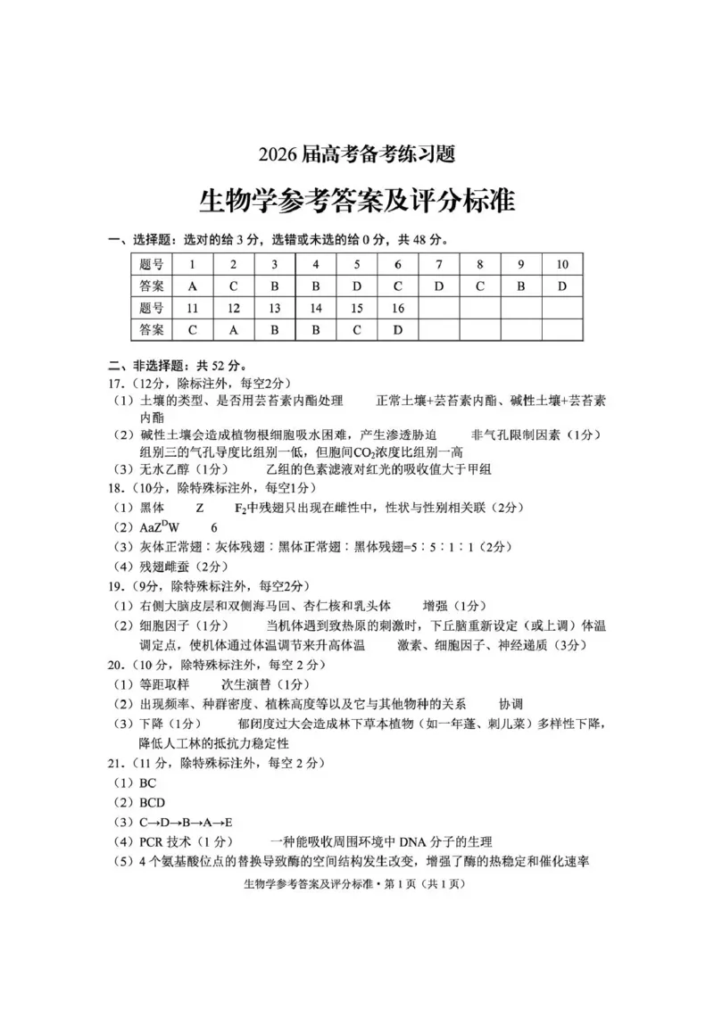 《云南师大附中2026届高考备考练习题生物答案_2024-2027高三（6-6月题库）_2026年05月高三试卷_260517云南师大附中2026届高考备考练习题（全科）》第1页预览