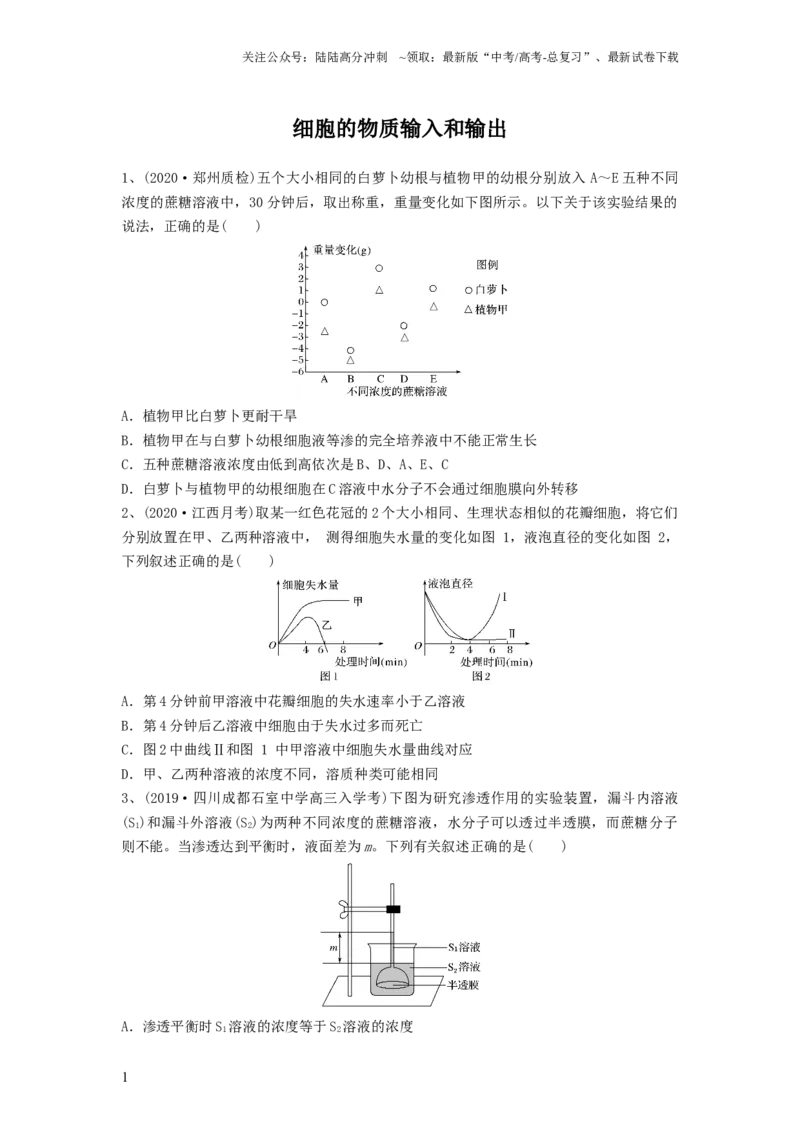 《专题06细胞的物质输入和输出（精练）（原卷版）_06-生物-高考总复习_一轮复习_2024年_2024年高考生物一轮复习串讲精练知识点梳理练习题_精练》第1页预览
