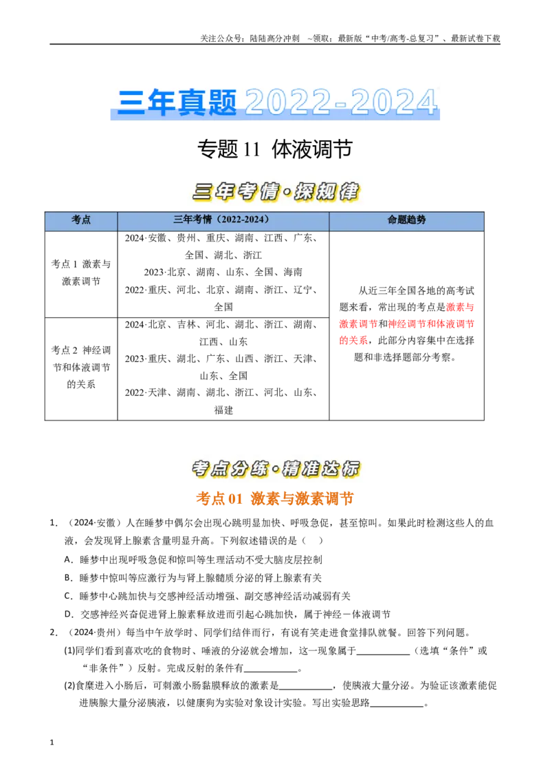 《专题11体液调节（原卷版）_06-生物-高考总复习_专项复习_2025年_五年2020-2024高考真题分类汇编生物真题分类汇编（全国通用）》第1页预览