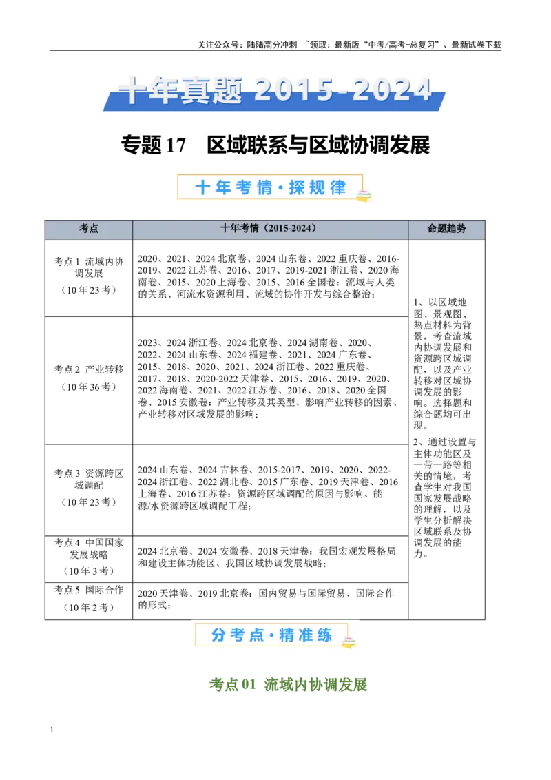 《专题17区域联系与区域协调发展-（原卷版）_07-地理-高考总复习_专项复习_2025年_十年（2015-2024）高考地理真题分类汇编（全国通用）》第1页预览
