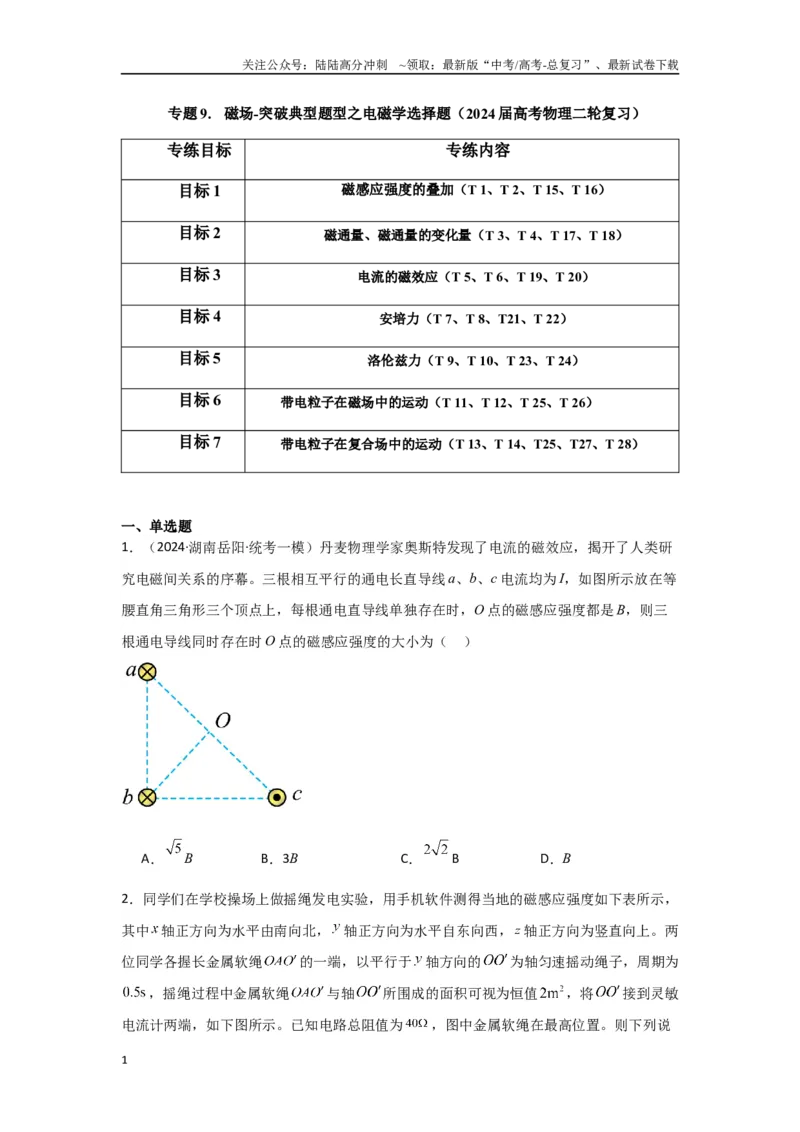 《专题09+磁场（原卷版）_04-物理-高考总复习_二轮复习_2024年_2024高考物理二轮复习选择题典型题型练习全国通用_资料》第1页预览