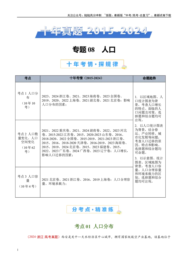 《专题08人口-（原卷版）_07-地理-高考总复习_专项复习_2025年_十年（2015-2024）高考地理真题分类汇编（全国通用）》第1页预览