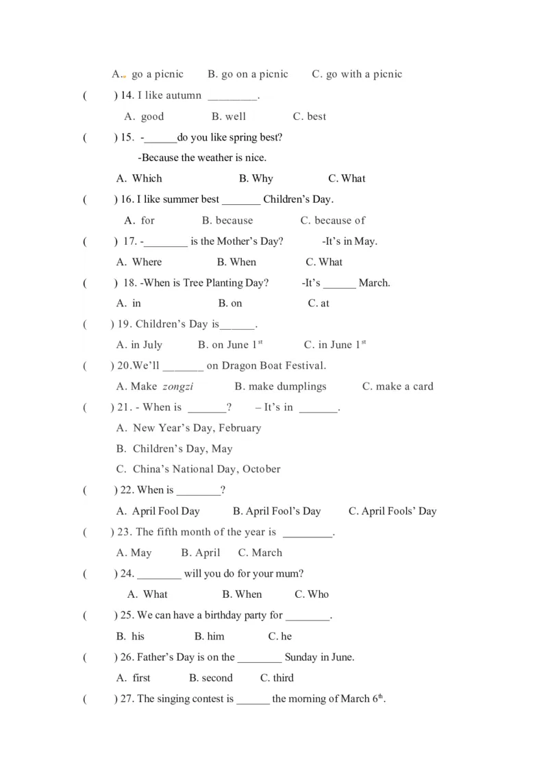 《五年级下册英语期末专项卷-单选人教PEP（word版，含答案）_小学1-6年级全科全套_1-6年级全科下册_五年级_五年级下英语_英语五下人教PEP》第2页预览