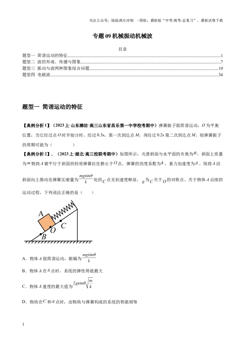 《专题09机械振动机械波（原卷版）_04-物理-高考总复习_二轮复习_2024年_2024高考物理二轮复习热点题型归纳与变式演练解题_资料》第1页预览