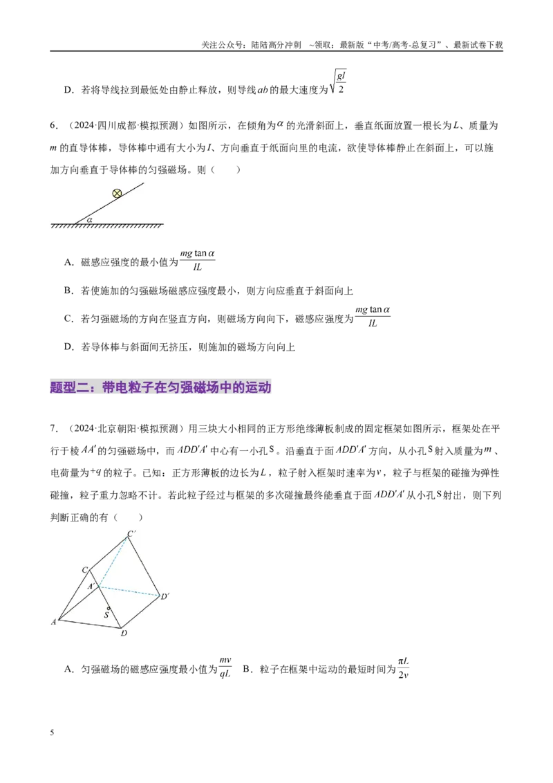 《专题10磁场带电粒子在磁场中的运动（练习）（学生版）_04-物理-高考总复习_二轮复习_2025年_2025年高考物理二轮复习课件+讲义+练习（新高考通用）》第5页预览