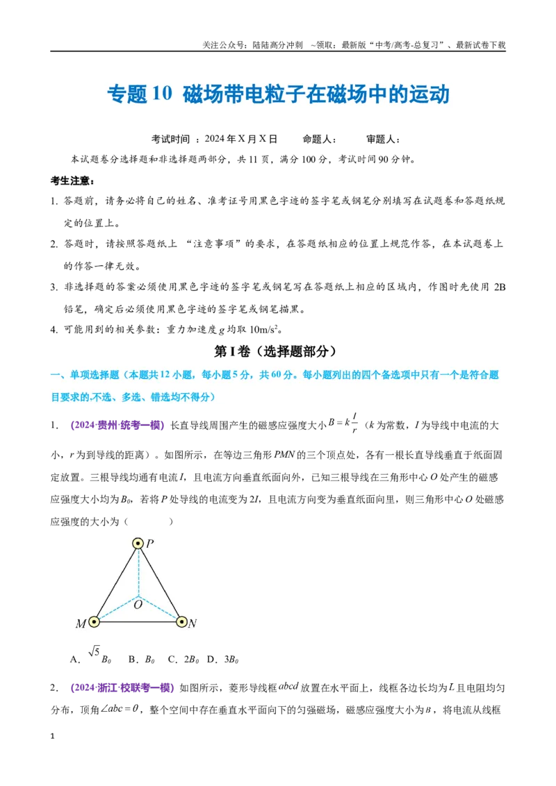 《专题10磁场带电粒子在磁场中的运动（仿真测试卷）（原卷版）_04-物理-高考总复习_专项复习_2024年_2024年高考真题考点解析及应试策_资料》第1页预览