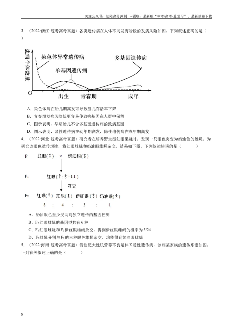 《专题13伴性遗传和人类遗传病（原卷版）_06-生物-高考总复习_专项复习_2024年_2024年新高考生物复习热点考点真题模拟题必刷题练_资料》第5页预览