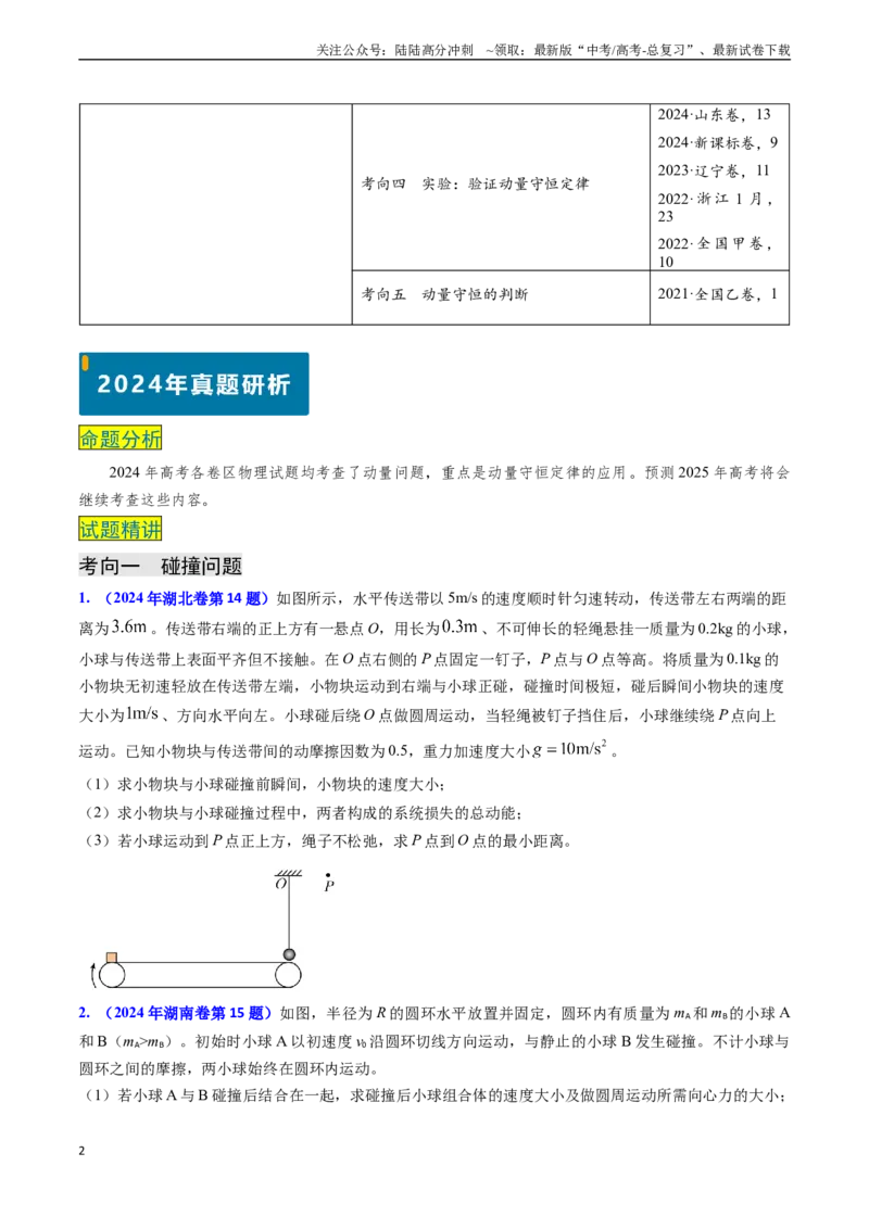 《专题13动量守恒定律的应用（原卷版）_04-物理-高考总复习_专项复习_2024年_2024年高考物理真题题源解密（新高考通用）》第2页预览