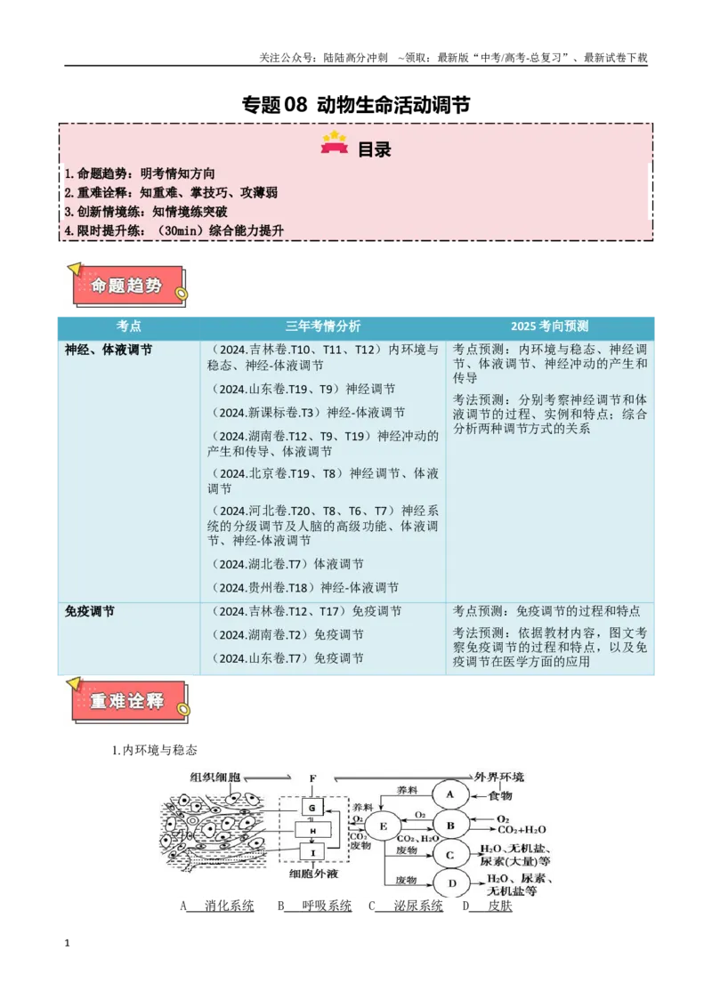 《专题08动物生命活动调节（教师版）_06-生物-高考总复习_专项复习_2025年_2025年高考生物重难点讲义专练（西北四省专用）》第1页预览