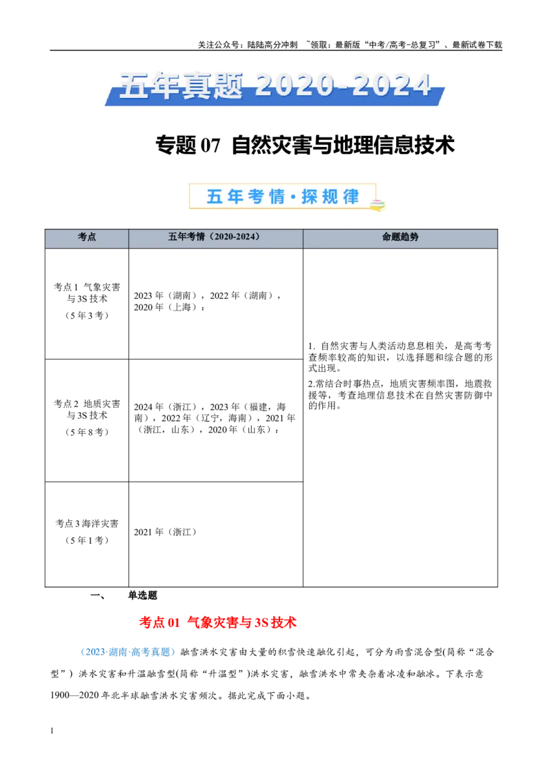 《专题07自然灾害与地理信息技术+原卷版_07-地理-高考总复习_专项复习_2025年_五年2020-2024高考真题分类汇编高考地理真题分类汇编（全国通用）》第1页预览