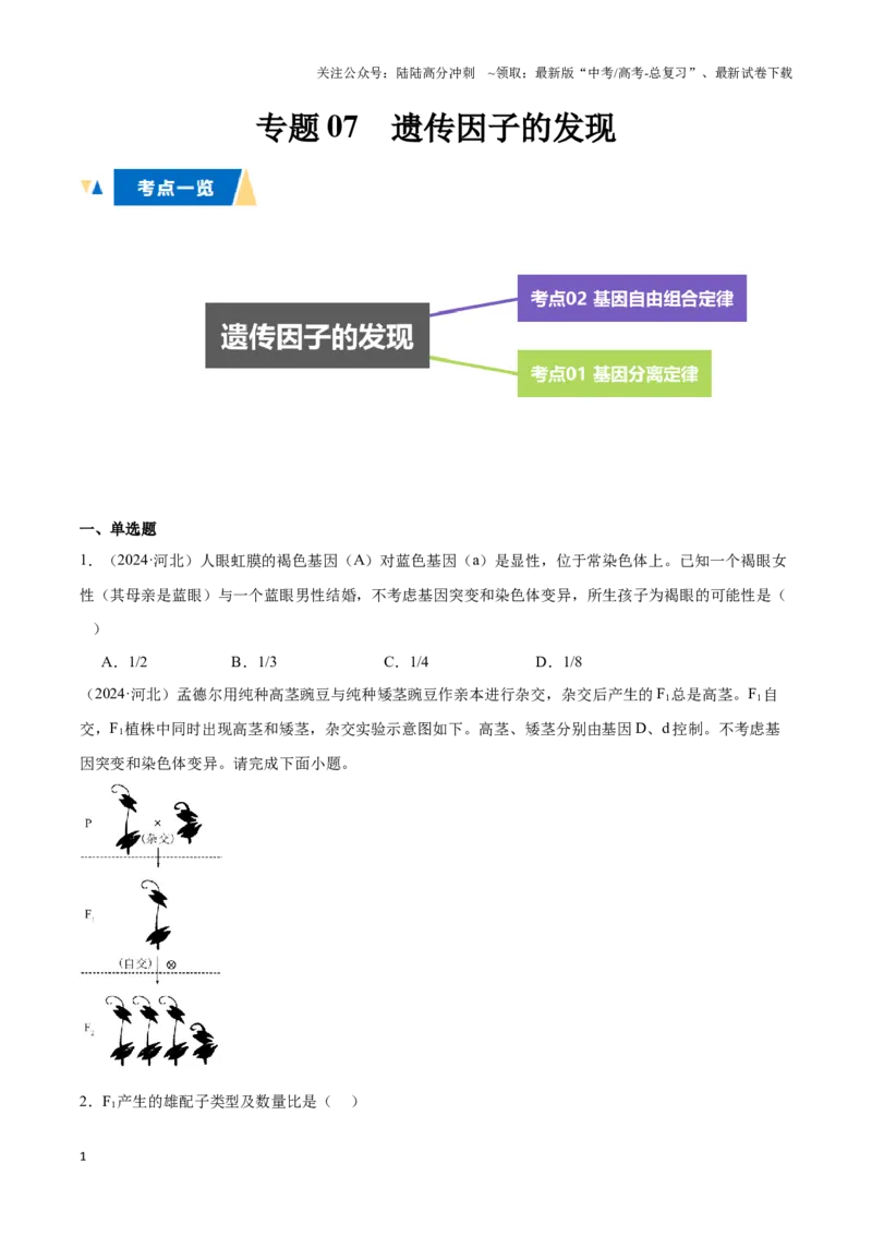 《专题07遗传因子的发现（学生版）_06-生物-高考总复习_专项复习_2025年_2025年高中学业水平合格考生物真题分类汇编（全国通用）》第1页预览