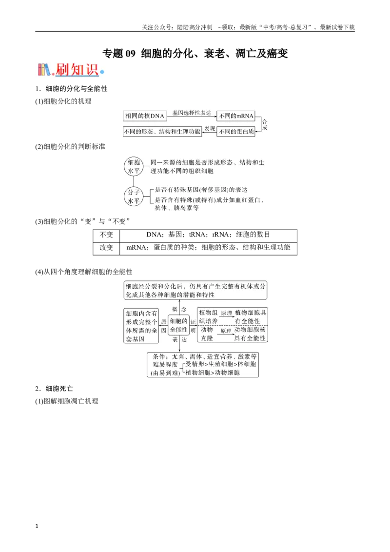 《专题09细胞的分化、衰老、凋亡及癌变（原卷版）_06-生物-高考总复习_专项复习_2024年_2024年高考生物经典小题必刷_资料》第1页预览