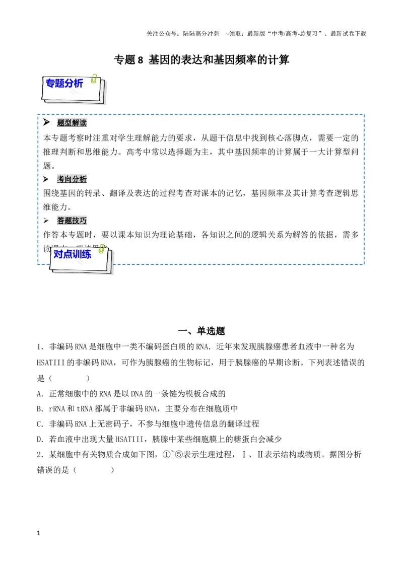 《专题08基因的表达以及基因频率的计算（原卷版）_06-生物-高考总复习_一轮复习_2024年_2024年高考生物一轮复习重难点突破讲解与训练专题_资料》第1页预览