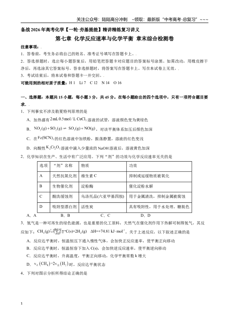《第七章化学反应速率与化学平衡章末综合检测卷（学生版）（一轮·夯基提能）精讲精练复习讲义（新教材新高考）_05-化学-高考总复习_一轮复习_2026年-化学高考一轮复习_资料》第1页预览