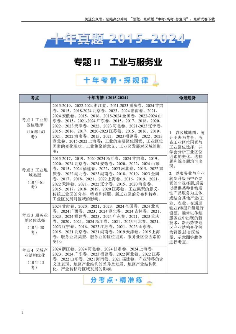 《专题11工业与服务业-（解析版）_07-地理-高考总复习_专项复习_2025年_十年（2015-2024）高考地理真题分类汇编（全国通用）》第1页预览