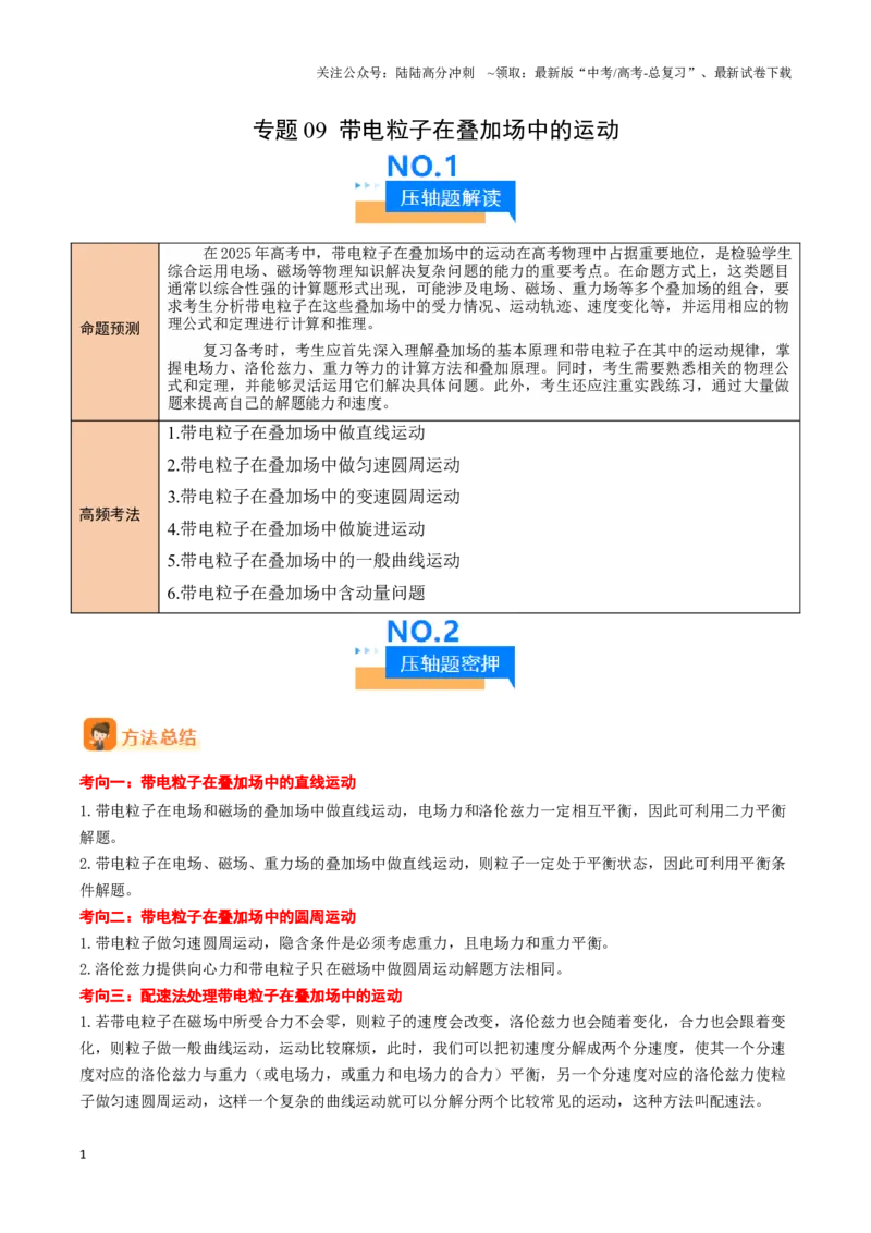 《专题09带电粒子在叠加场中的运动（原卷板）-11页_04-物理-高考总复习_专项复习_2025年_2025年高考物理压轴题专项训练（新高考通用）_资料》第1页预览
