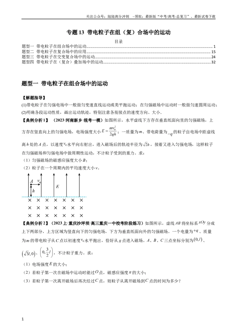 《专题13带电粒子在组（复）合场中的运动（原卷版）_04-物理-高考总复习_二轮复习_2024年_2024高考物理二轮复习热点题型归纳与变式演练解题_资料》第1页预览