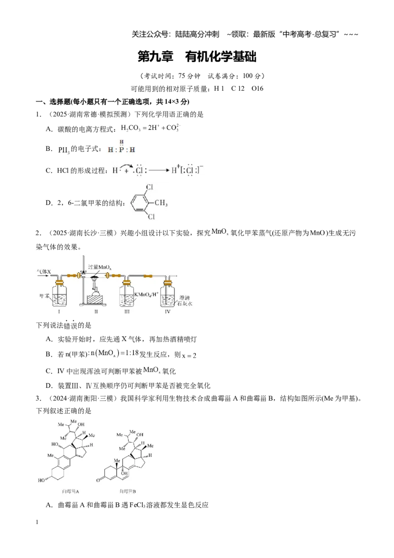《第九章有机化学基础（综合训练）（湖南专用）（学生版）_05-化学-高考总复习_一轮复习_2026年-化学高考一轮复习_2026年高考化学一轮课件+讲义+练习（湖南专用）-G331》第1页预览