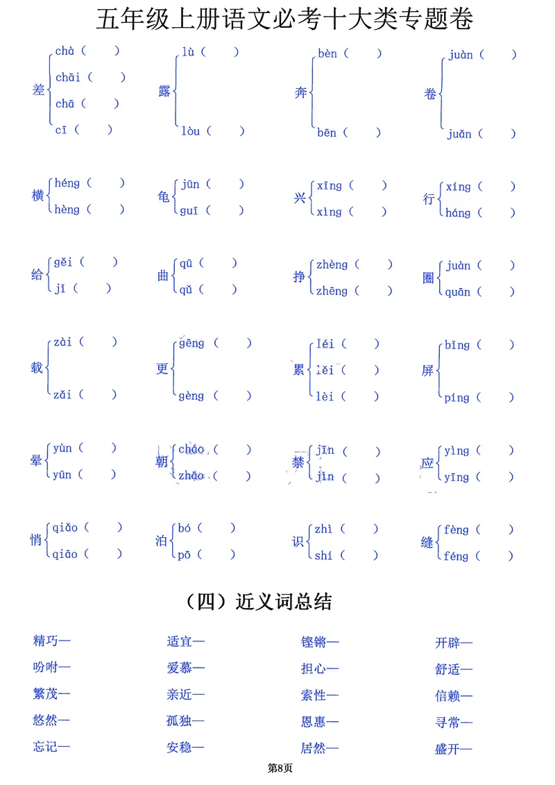 《五（上）语文必考十大类专题卷，囊括考试全部题型！20页背下它_小学1-6年级全科全套_1-6年级全科上册_五年级_五年级上语文_语文五上高频易错考点》第8页预览