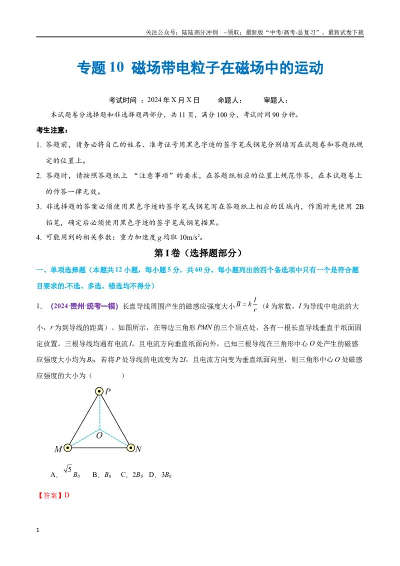《专题10磁场带电粒子在磁场中的运动（仿真测试卷）（解析版）_04-物理-高考总复习_专项复习_2024年_2024年高考真题考点解析及应试策_资料》第1页预览