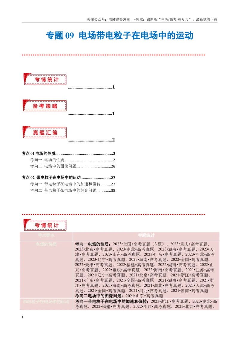 《专题09电场带电粒子在电场中的运动（考点解析及应试策略）（解析版）_04-物理-高考总复习_专项复习_2024年_2024年高考真题考点解析及应试策_资料》第1页预览
