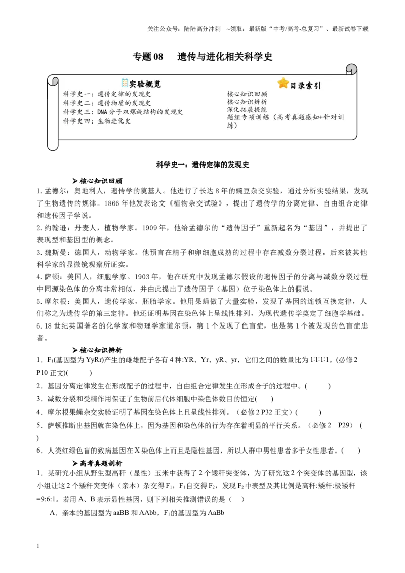 《专题08遗传与进化相关科学史（原卷版）_06-生物-高考总复习_专项复习_2024年_2024年高考生物教材实验梳理与突破实验攻略全国用_资料》第1页预览