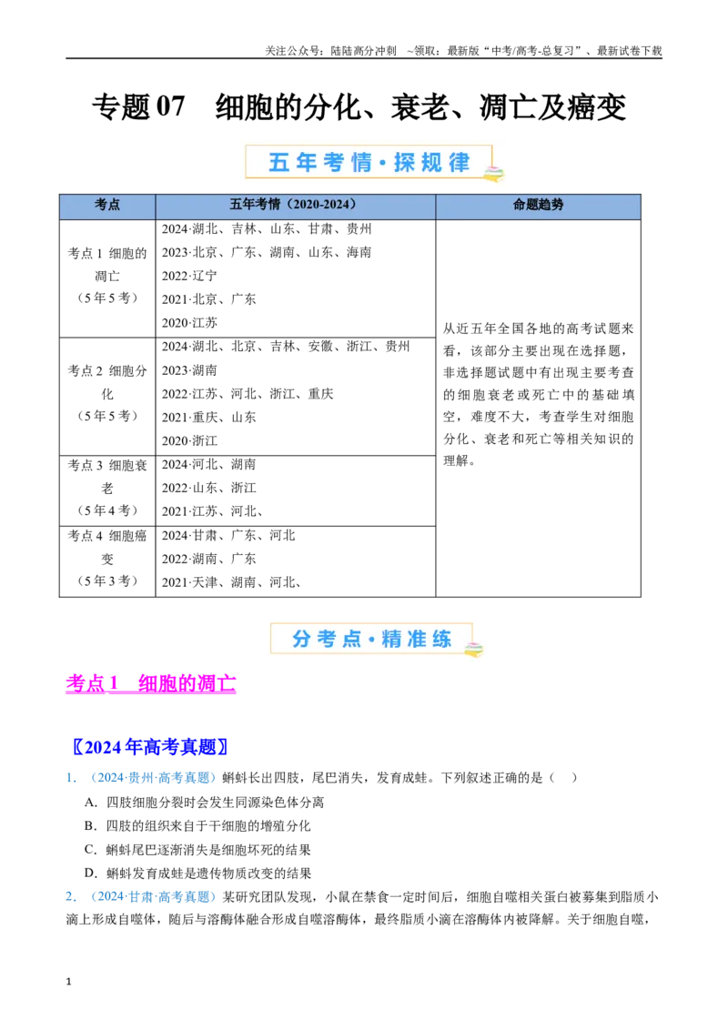 《专题07细胞得分化、衰老、凋亡及癌变（原卷版）_06-生物-高考总复习_专项复习_2024年_2024年高考生物真题分类汇编（全国通用）》第1页预览