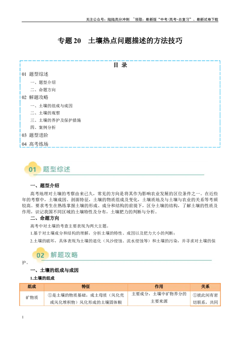 《专题20土壤热点问题描述的方法技巧（教师版）_07-地理-高考总复习_二轮复习_2025年_2025年高考地理二轮热点题型归纳与变式演练（新高考通用）》第1页预览