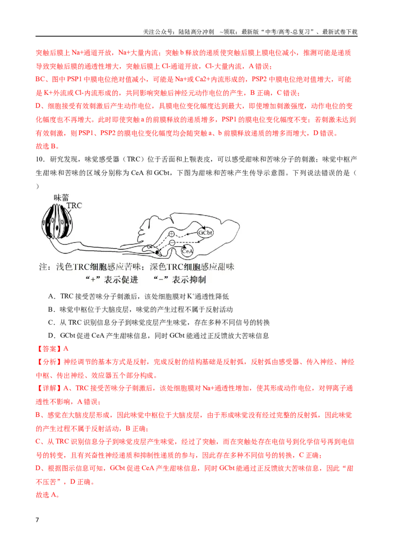 《专题09动物生命活动的调节（选择题60道）（解析版）_06-生物-高考总复习_二轮复习_2024年_2024年高考生物二轮复习选择题大题压轴专项训练_资料》第7页预览