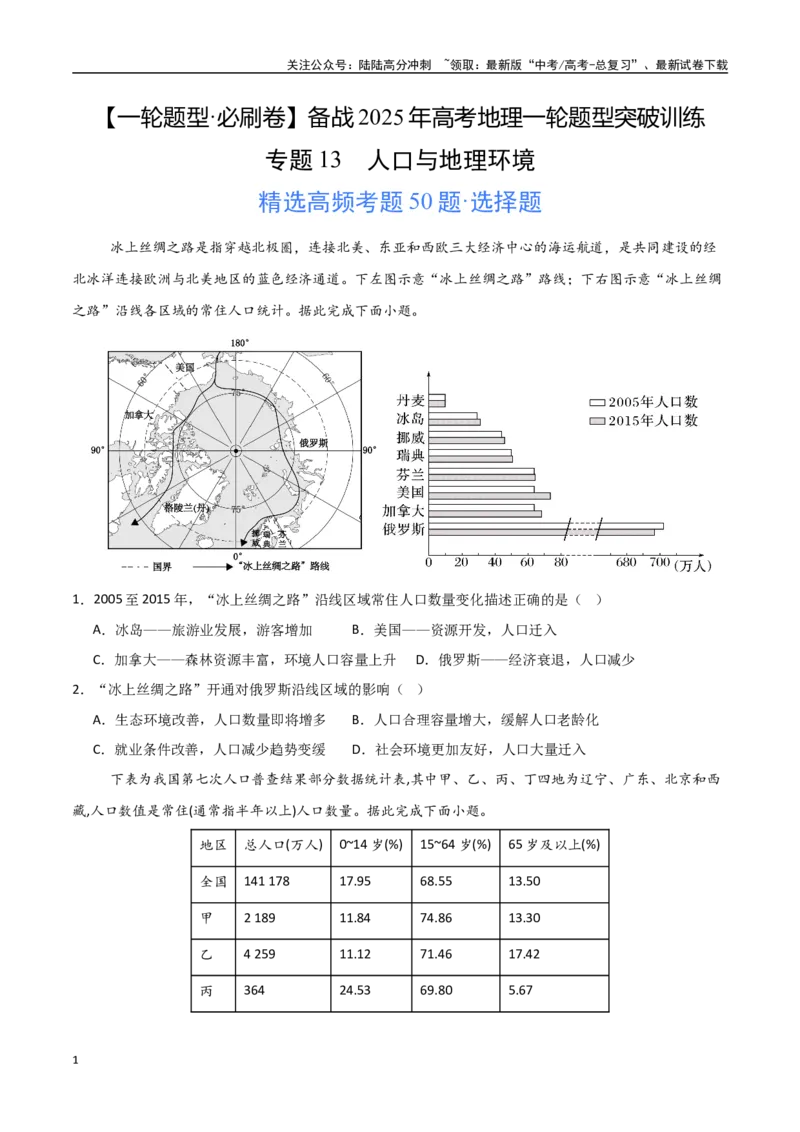 《专题13人口与地理环境（高频选择题50题）-（新高考通用）（学生版）_07-地理-高考总复习_一轮复习_2025年_2025年高考地理一轮题型必刷题（新高考通用）》第1页预览