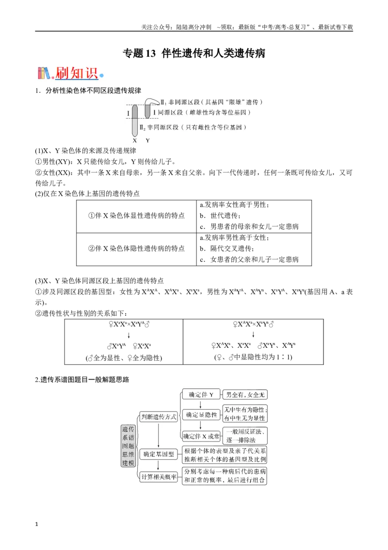 《专题13伴性遗传和人类遗传病（解析版）_06-生物-高考总复习_专项复习_2024年_2024年高考生物经典小题必刷_资料》第1页预览