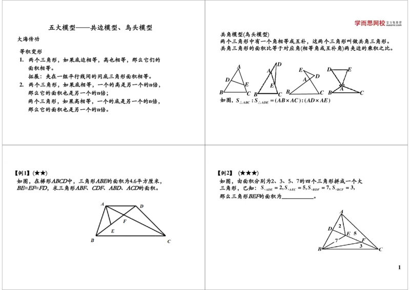 《五大模型——共边模型、鸟头模型_小学1-6年级全科全套_2024更新专题_小学奥数专题资料_7、精品课程合集_学而思小学1-6年级奥数竞赛班视频课程285讲_六年级奥数（竞赛班）26讲》第1页预览