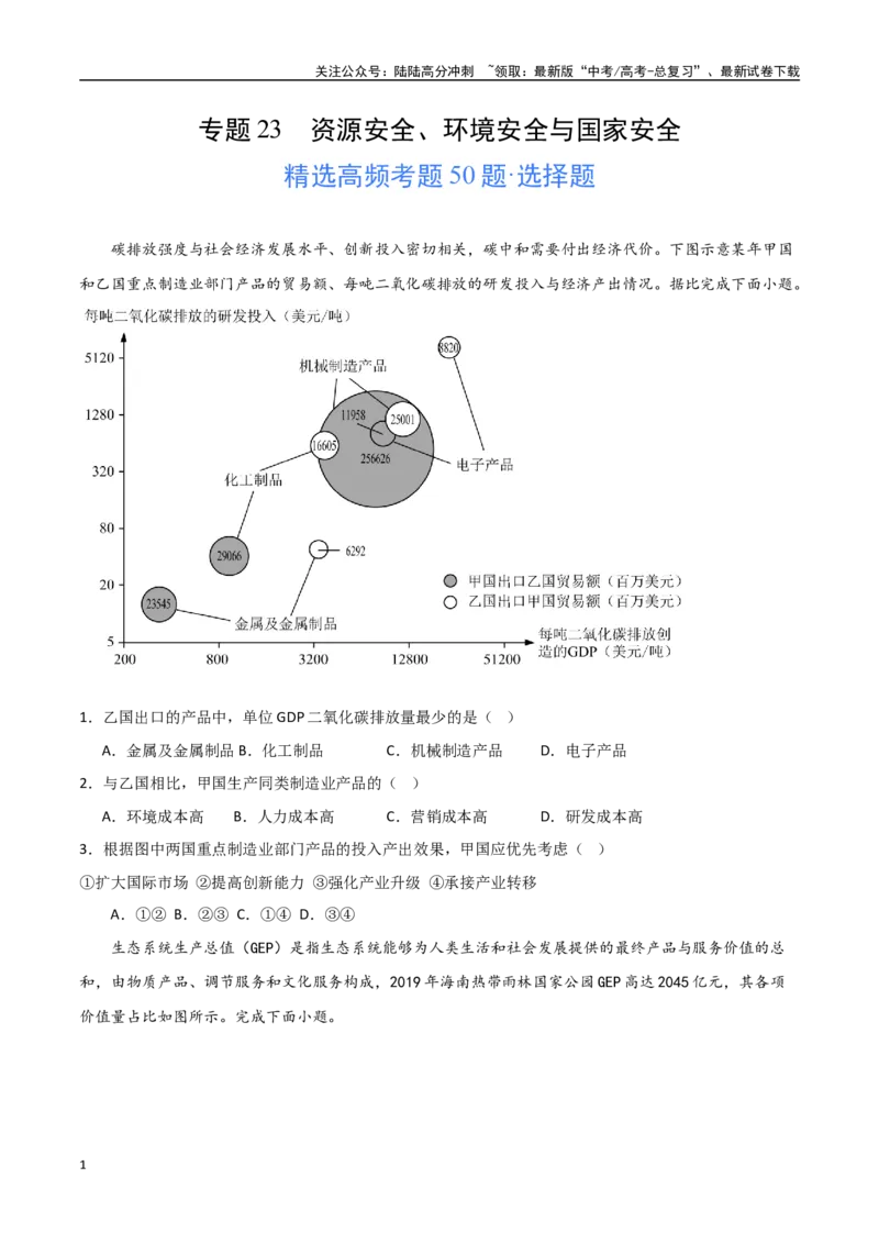 《专题23资源安全、环境安全与国家安全（高频选择题50题）-（全国通用）（原卷版）_07-地理-高考总复习_一轮复习_2024年_2024年高考地理一轮题型突破训练（全国通用）_资料_1-资料》第1页预览