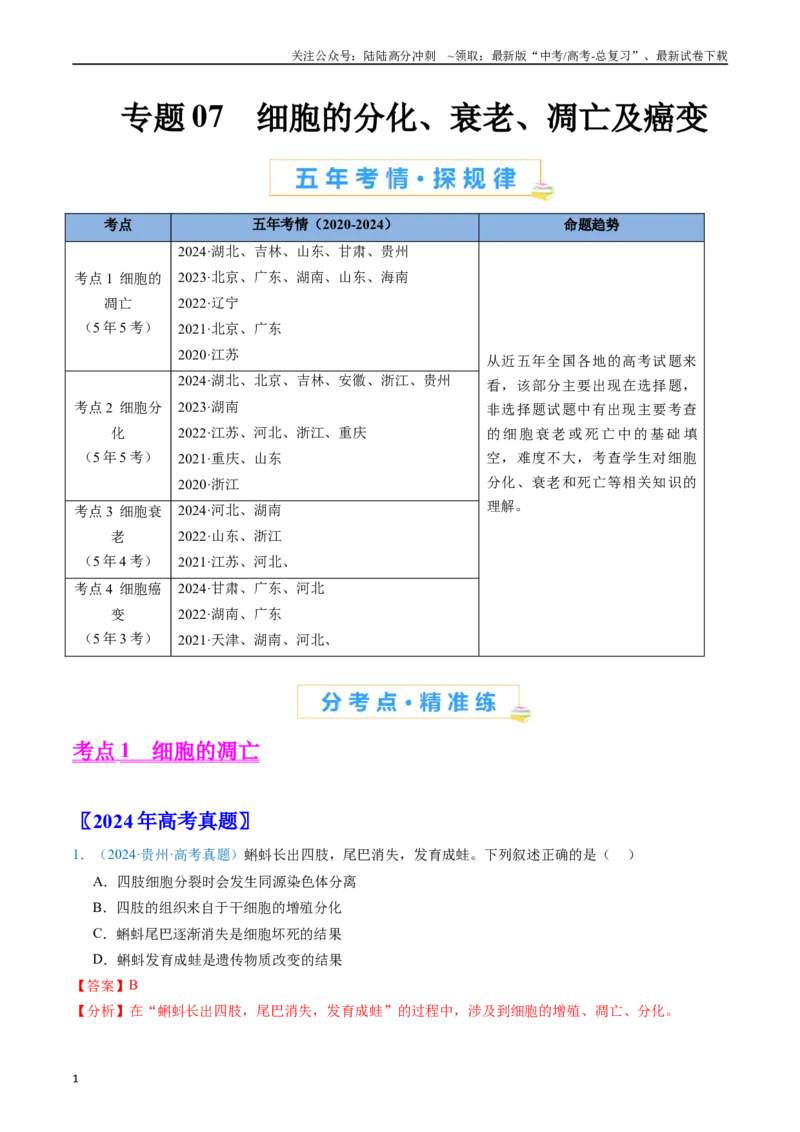 《专题07细胞得分化、衰老、凋亡及癌变（解析版）_06-生物-高考总复习_专项复习_2024年_2024年高考生物真题分类汇编（全国通用）》第1页预览