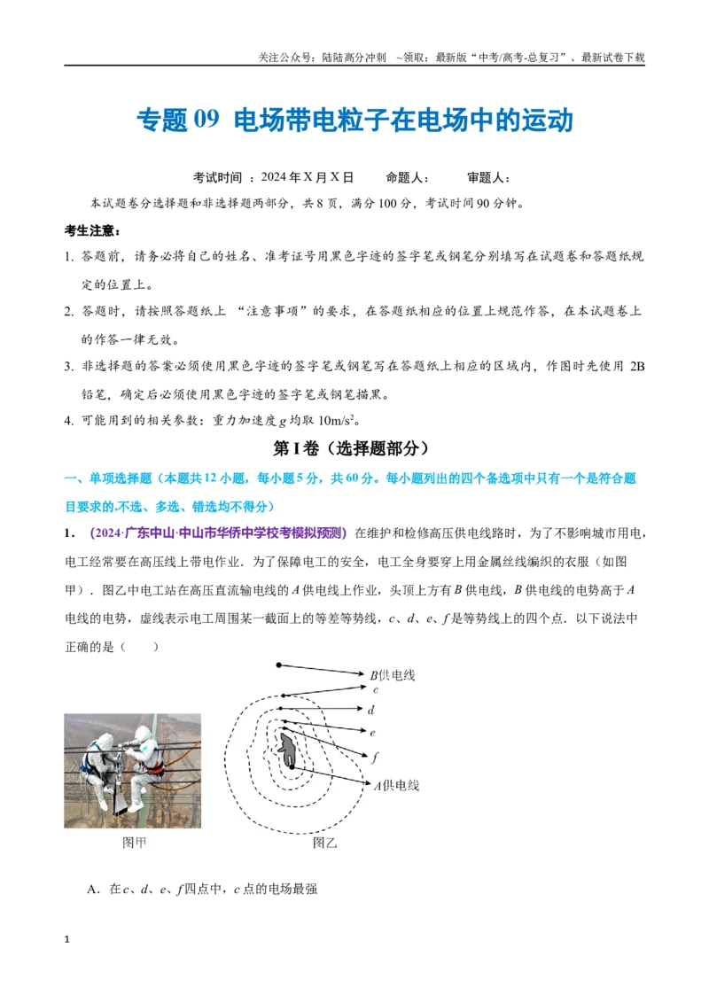 《专题09电场带电粒子在电场中的运动（仿真测试卷）（解析版）_04-物理-高考总复习_专项复习_2024年_2024年高考真题考点解析及应试策_资料》第1页预览