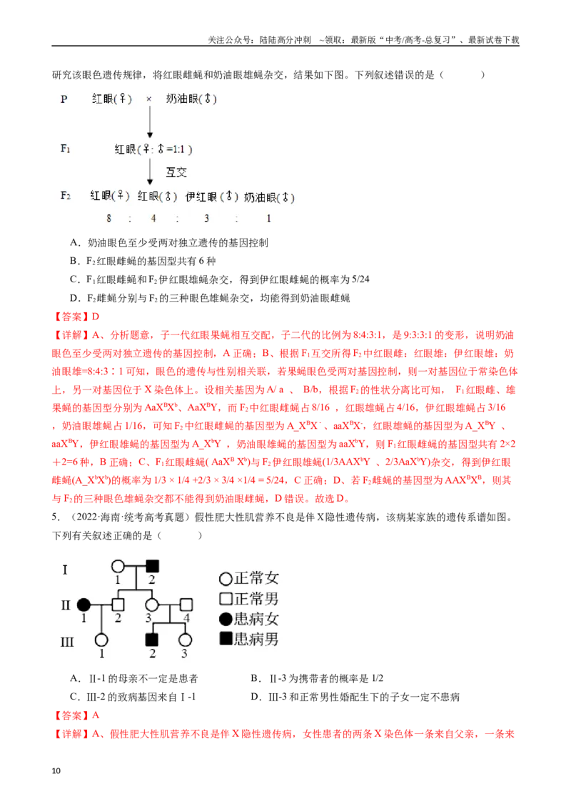 《专题13伴性遗传和人类遗传病（解析版）_06-生物-高考总复习_专项复习_2024年_2024年新高考生物复习热点考点真题模拟题必刷题练_资料》第10页预览